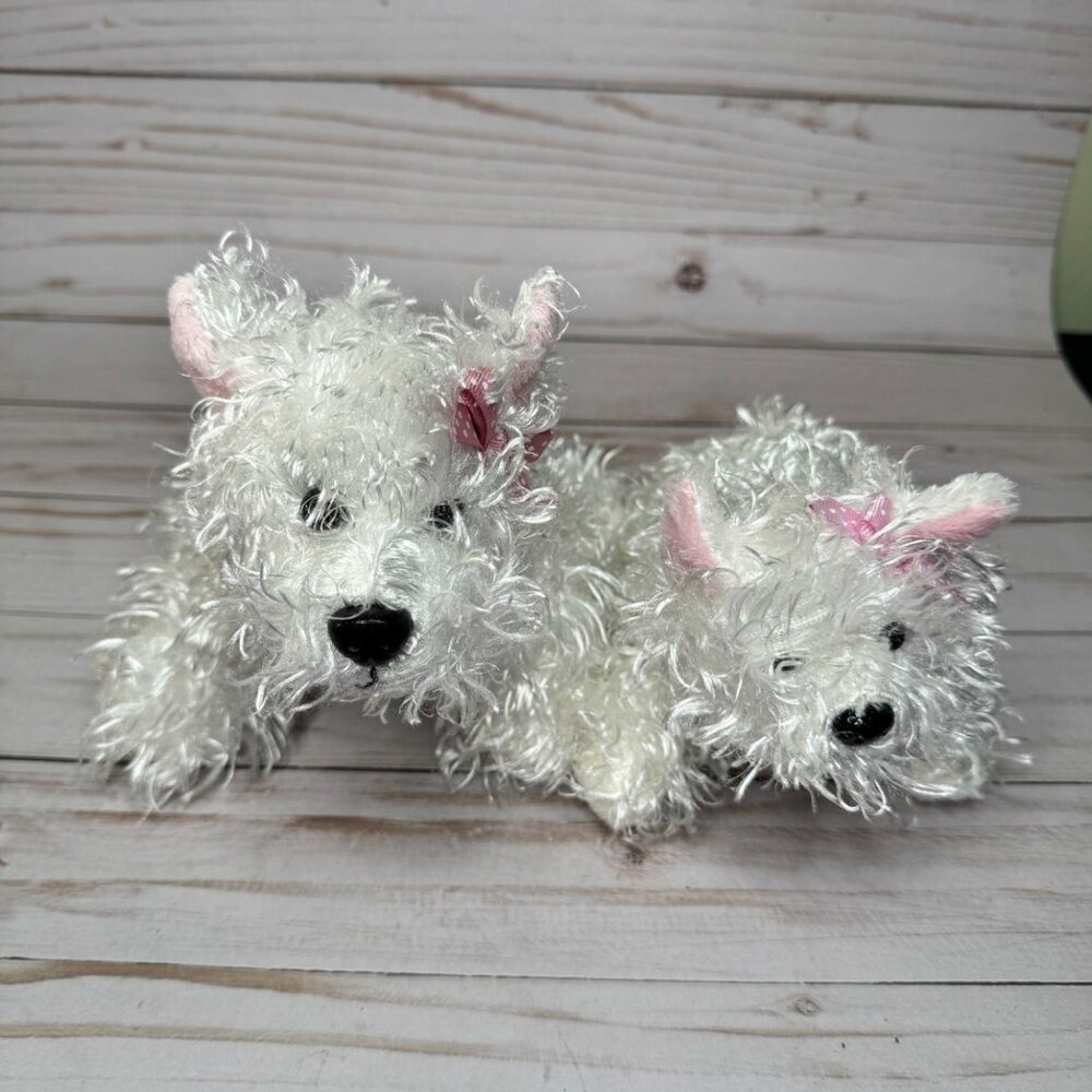 Lot of 2 Ganz White Terrier Dogs Puppy Plush Stuffed Animals with Pink Bow